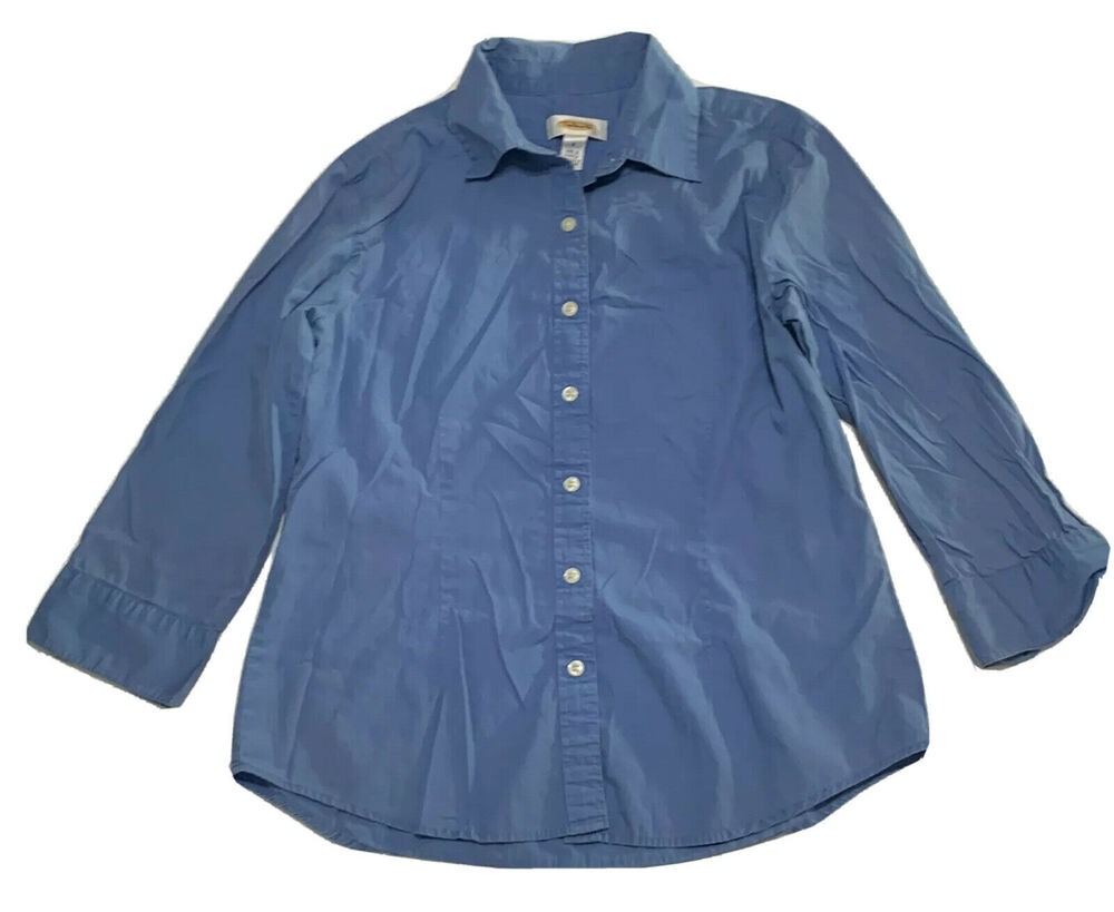 Talbots Womens Button Front Shirt Top Small Blue Cotton Collared Long Sleeve